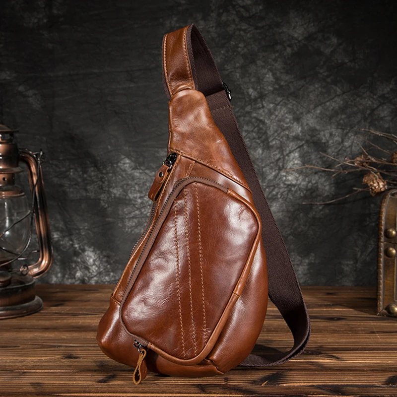 

Real Cowhide Men Chest Bag Shoulder Cross body Bags Brush Color Retro Male High Quality Genuine Leather Sling Rucksack Backpack