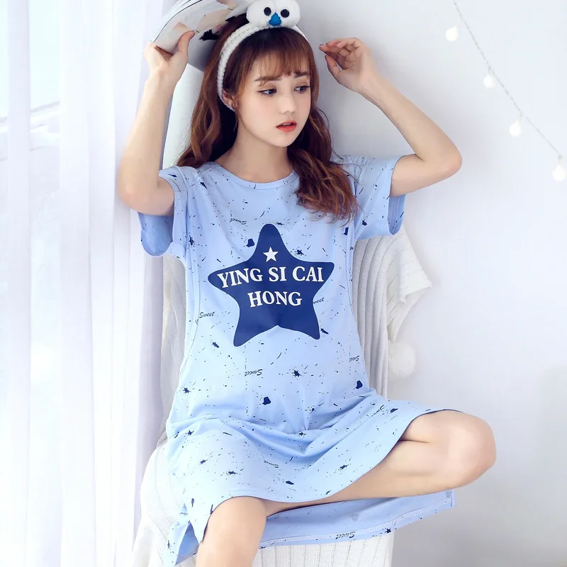 

Pure cotton pyjama grossesse short sleeve nursing sleepwear blue star maternity dress women for pregnant womens loungewear
