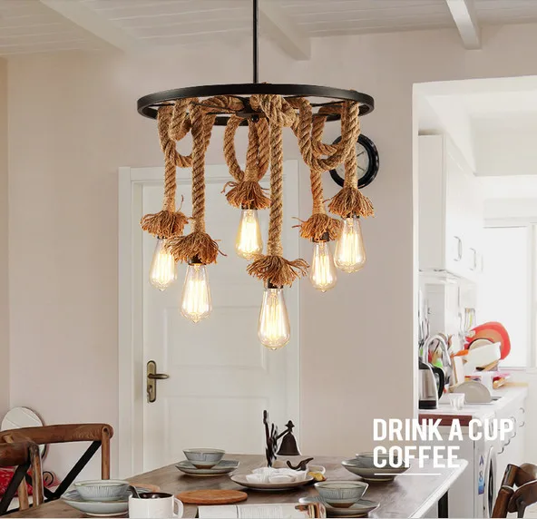 Goedkoop Amerikaanse Retro Smeedijzeren Henneptouw Hanglampen Ronde Wiel Ijzer Plafondlamp E27 Met Edison Gloeilampen Voor Cafe Restaurant Bar