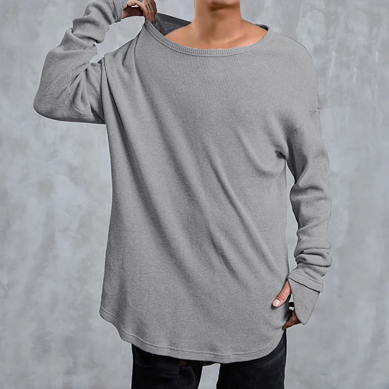 Light Grey T Shirts INCERUN, панк стиль, мужские футболки с длинным рукавом, ассиметричные, изогнутый подол, трикотажные, свободные, Swag, футболки для хип-хопа, повседневные Топы Harajuku, 2XL - Цвет: Light Grey T Shirts