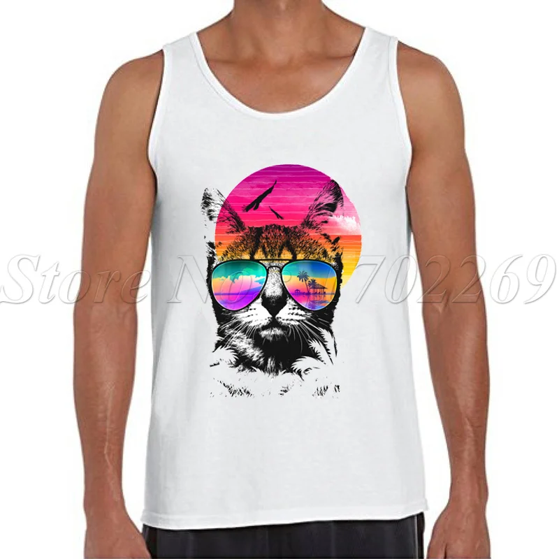 Майка мужская с мультяшным принтом жилет круглым вырезом и кошки модная