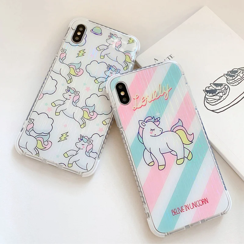 Милый мультяшный чехол с единорогом для iPhone 7 6S 8 Plus 11 Pro Max Stripes Блестящий лазерный