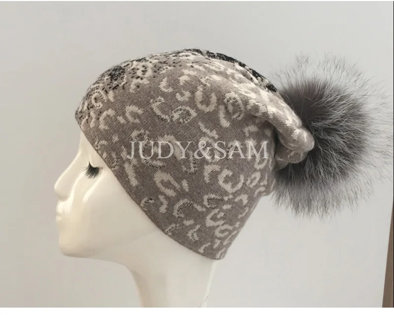 Толстый Leopard Ангора смесь Шапки для Для женщин с Настоящее Silver Fox Мех животных ponpon повелительница стиль 2 слои трикотажные toca hat