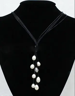 Новое модное черное кожаное ожерелье с белым пресноводным жемчугом длиной 20