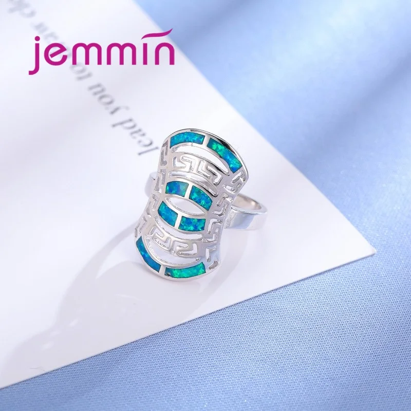925 Sterling Silver Blue Opal Rings Fine Jewelry Hollow Ring For Women &amp Men Vintage Elegant Style. |