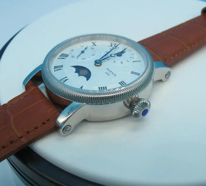 Parnis кожаные часы Handwind PVD чехол синие стрелки белый циферблат маленький второй Мужские механические подарочные часы для мужчин PA700
