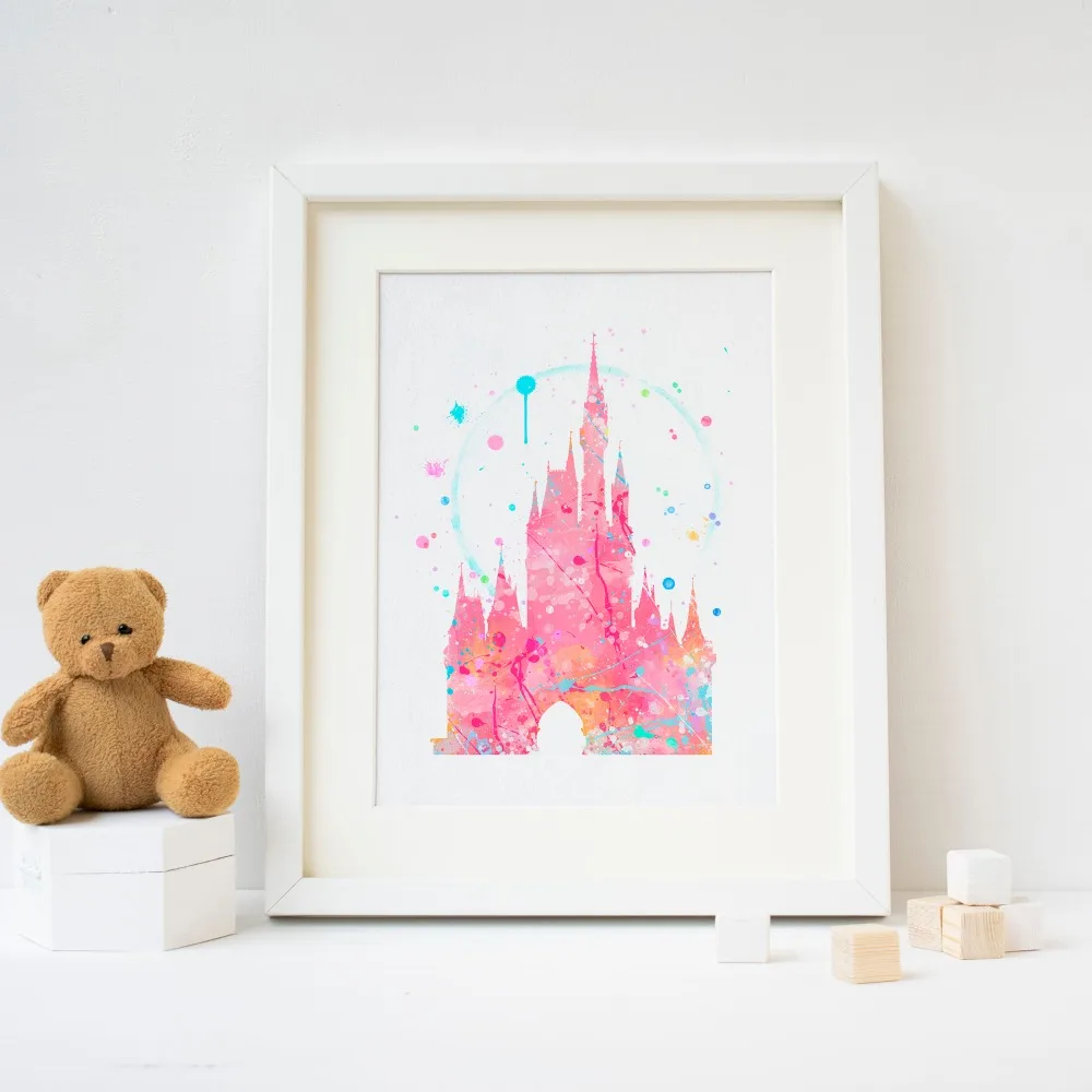Розовый замок Disneys картина печать, акварельный плакат печать, детская комната Настенный декор, детская комната искусство, идея подарка