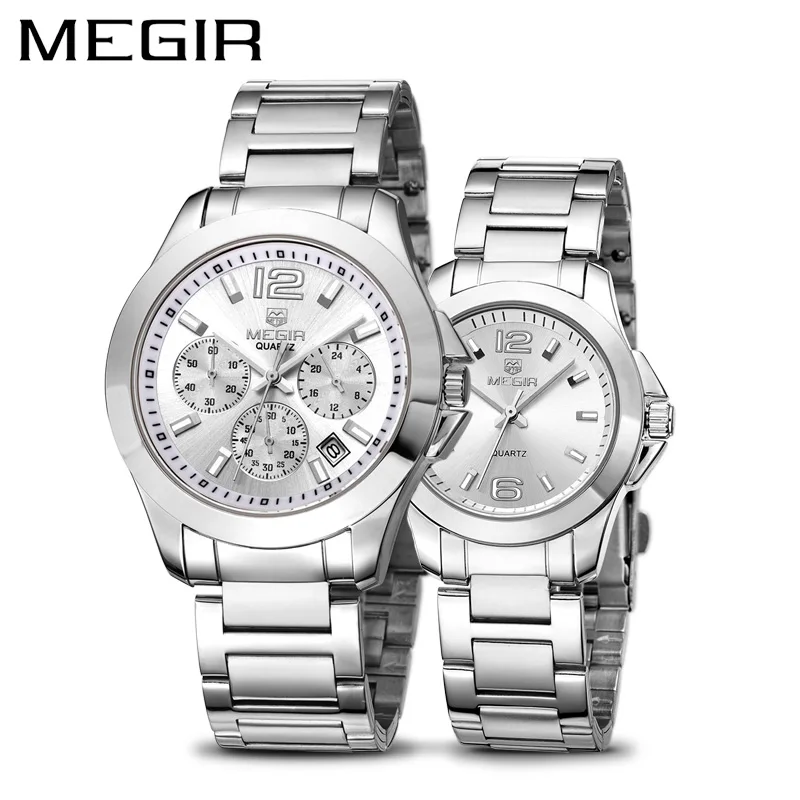 

Erkek Kol Saati MEGIR Watch Men Luxury Stainless Steel Lovers Business Watches Waterproof Quartz Wristwatch Set Montre Homme