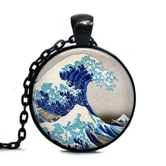 Fashion Chain Great Wave Off Kanagawa neccklace - Handcrafted Keepsake Pendant Tidal Japanese Wood Block necklace | Украшения и