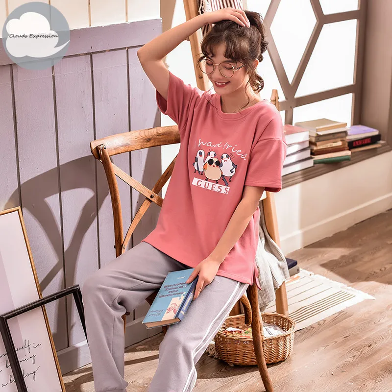 Летний вязаный хлопковый женский пижамный комплект в полоску с героями