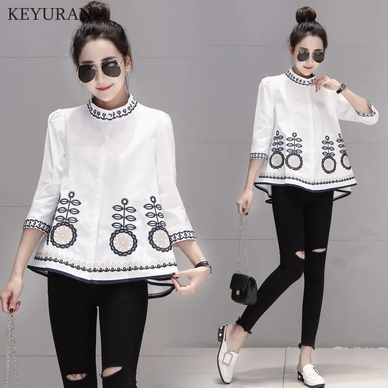 Женская блузка с вышивкой в этническом стиле Повседневная Свободная рубашка