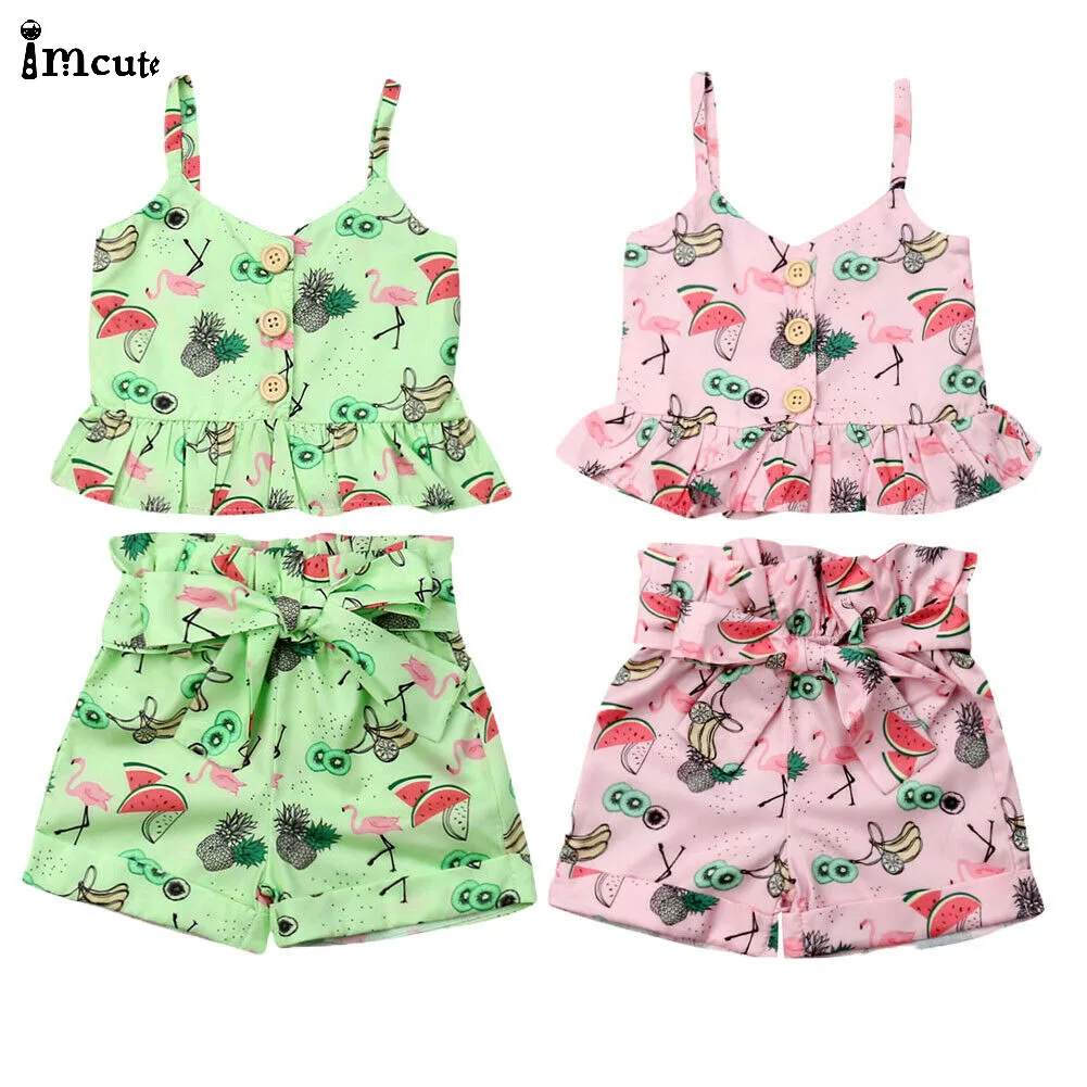 Newborn Infant Toddler Baby Girl Clothes 2019 New Summer Flamingo Sling Button Tops Vest Shorts Pants 2PCS Outfits Set | Детская одежда