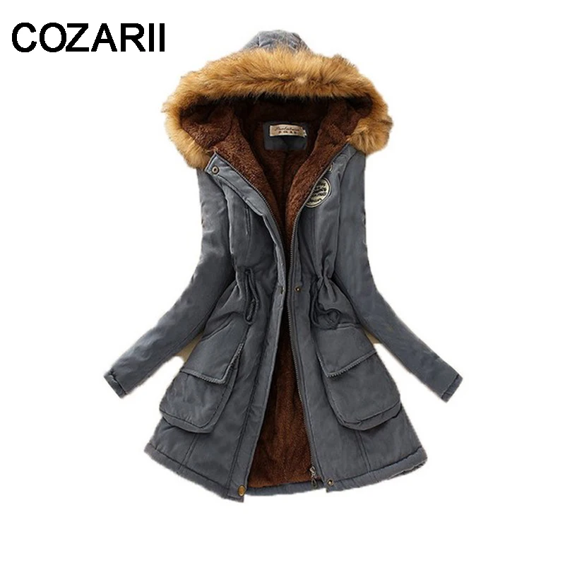 COZARII, новинка, парка с меховым воротником, Женское зимнее пальто с капюшоном, женская верхняя одежда, парки, теплая Плотная хлопковая куртка для женщин на зиму