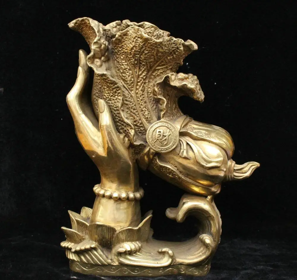 

Chinese Buddhism Brass Bronze Wealth Buddha Hand Lift Chinese cabbage Statue