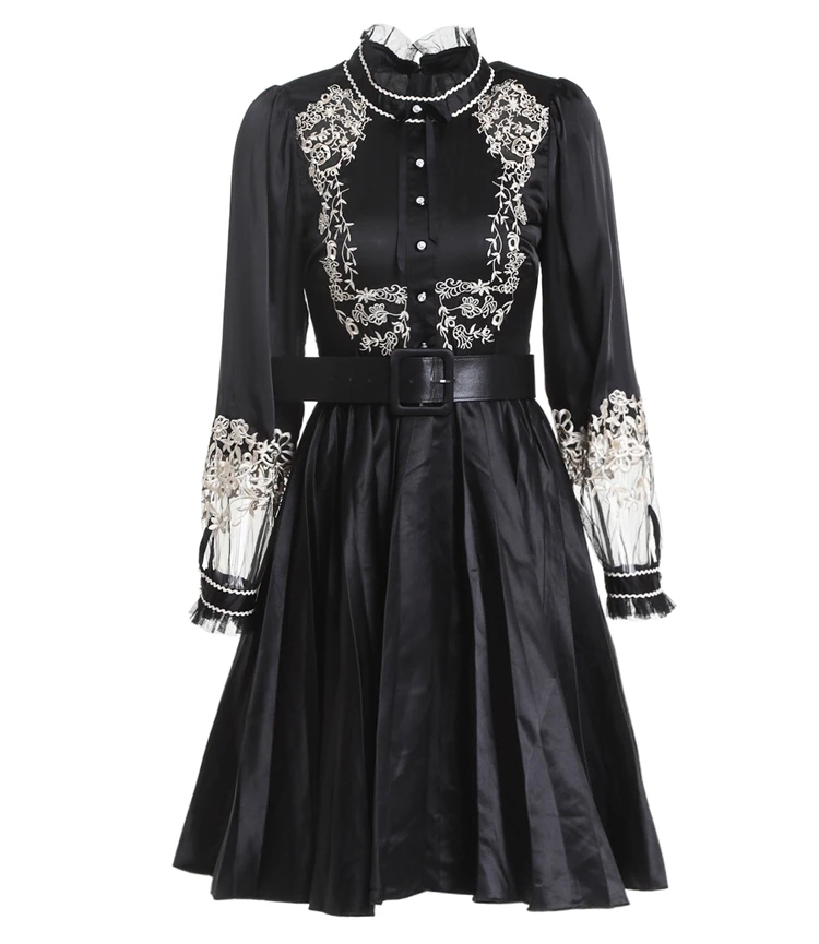 Хорошее качество Sring осеннее женское платье черный роскошный золотой цветочный