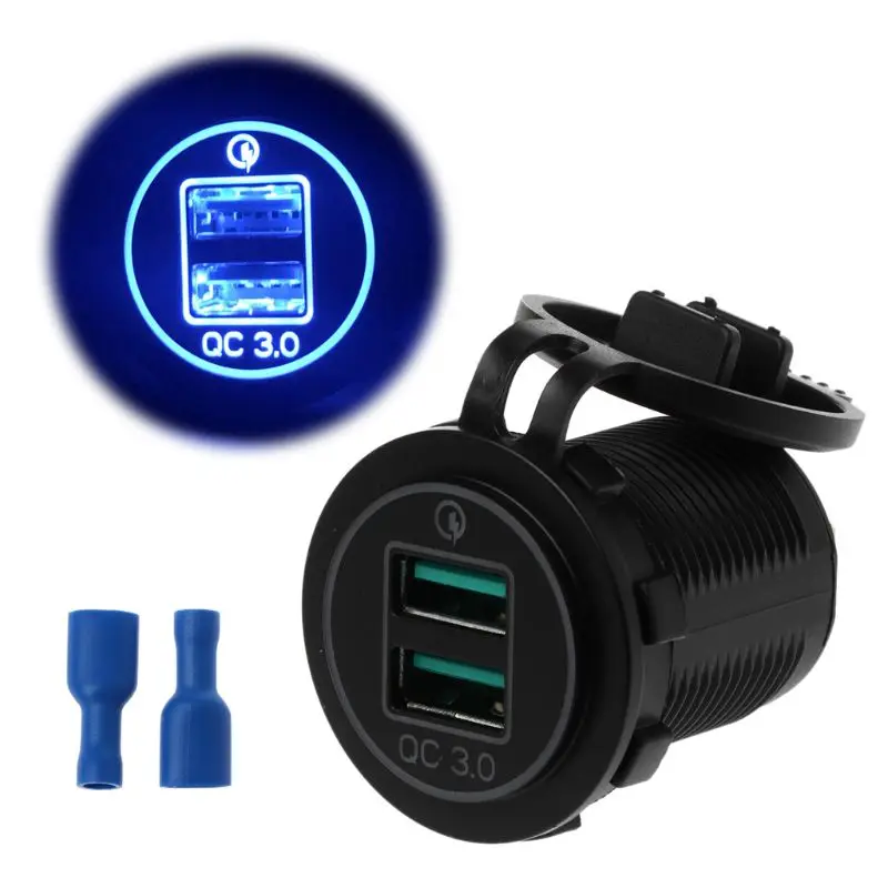 Двойной USB Quick Charge 3,0 светодиодный быстрое зарядное устройство для 12 V/24 V автомобиля лодки мотоцикла SUV автобуса грузовика морского - Название цвета: Синий