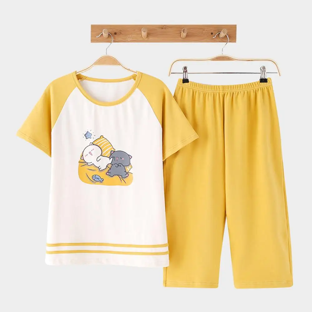 Sleepwear-Yellow DANALA хлопковые повседневные женские пижамы, комплекты летних пижам с принтом животных, модные комплекты одежды для сна с коротким рукавом, домашние костюмы, одежда для сна для женщин - Цвет: Sleepwear-Yellow