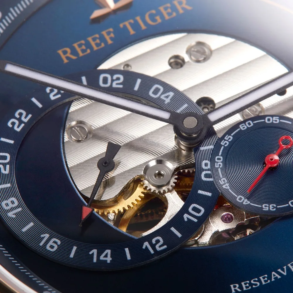 Reef Tiger/RT модные повседневные мужские синие дизайнерские часы с ремешком из натуральной кожи, автоматические часы в подарок RGA1617