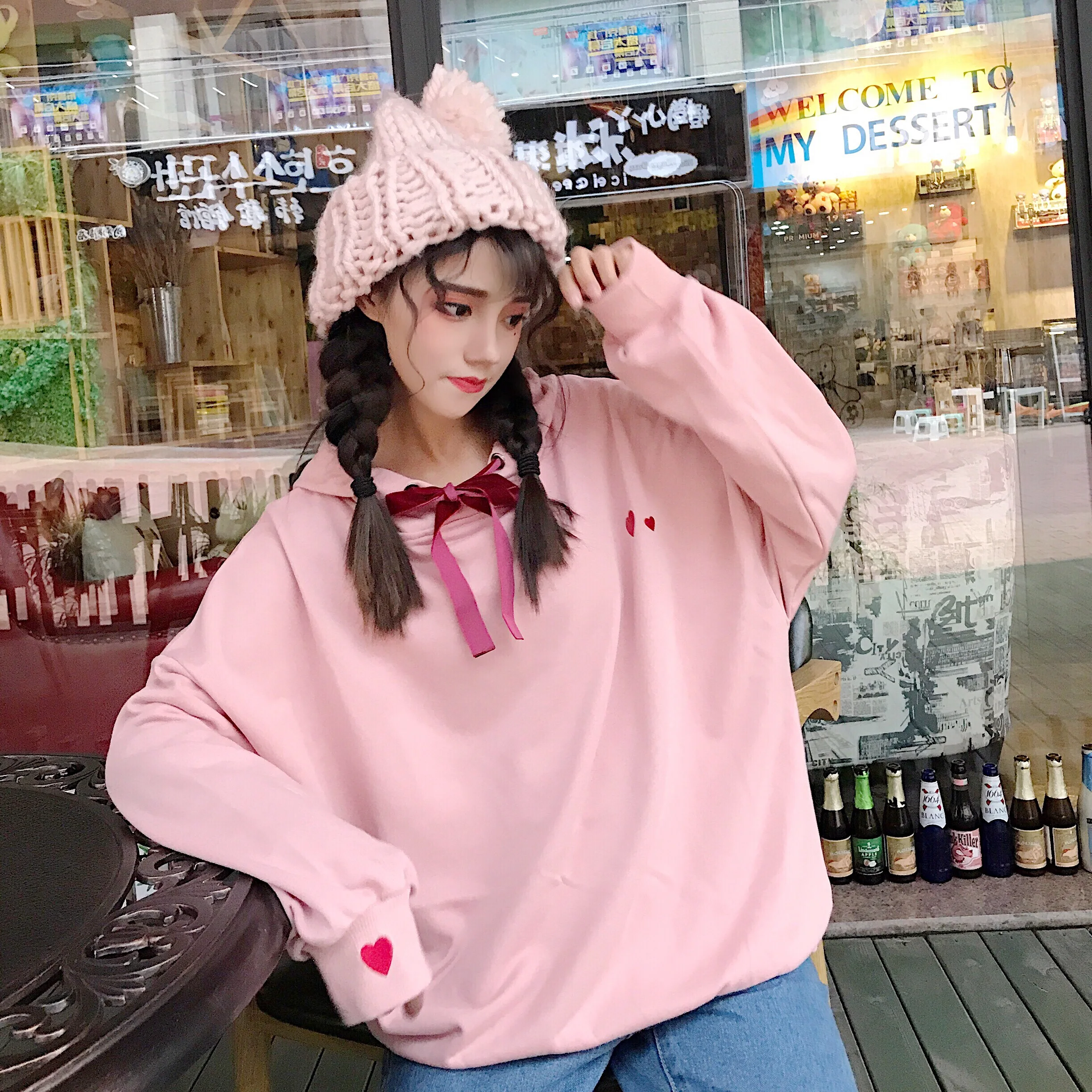 Harajuku толстовка женская осень зима корейский стиль милое сердце флис толстый с капюшоном длинным рукавом кофты Женские топы