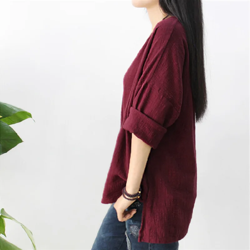 Женская рубашка из бамбукового хлопка с круглым вырезом и длинным рукавом