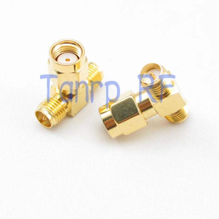 

Wholesale T type RP-SMA male plug to 2 double RP-SMA female jack RF Antenna Connector Adapter
