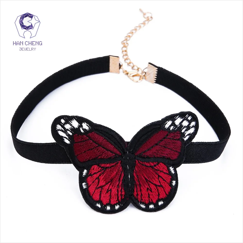 HanCheng Новое модное ожерелье чокер с бабочкой из ленты женское вышитое эластичная