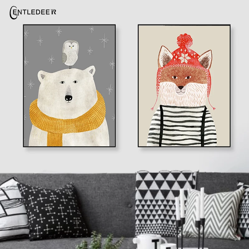 Nordic Cute Animal Wall Art Poster Bear Fox Canvas Painting Home Decoration On The Living Room No Frame Pictures | Дом и сад