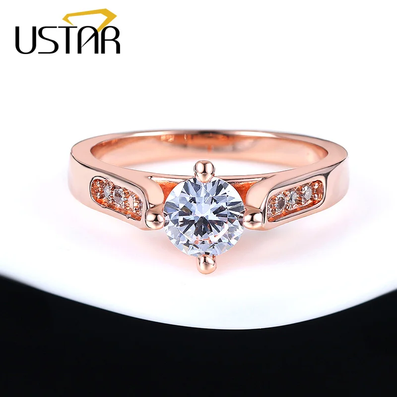 USTAR четыре зубец Установка австрийский Циркон Cirstal обручальные кольца для женщин розовое золото цвет женские кольца для помолвки Anel высшее качество