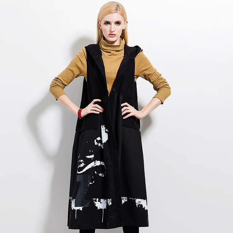 Free shipping 2018 Autumn Fashion Women streetwear Plus size Hooded trench coat sleeveless outwear printed long vest tops outfit | Женская
