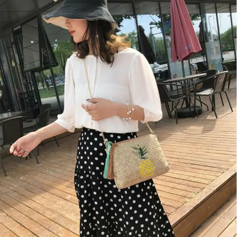 

Pineapple Women Straw Shoulder Bags Embroidery Zipper Shopping Handbag Crossbody