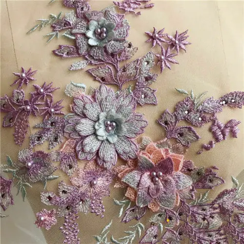 41CM X 26CM Lace Flower 3D Embroidery Flower Bridal Lace Applique Pearl Beaded Tulle Wedding Dress Embroidery Broderie DIY