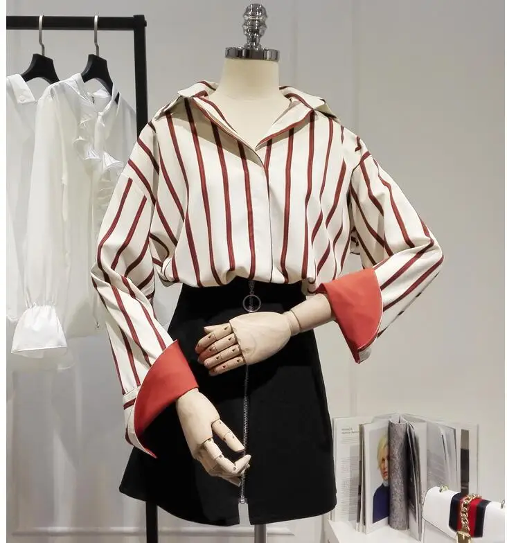 Women's spring autumn Long sleeve red stripe shirt female casual loose basic OL Shirt plus size tops Blouse TB464