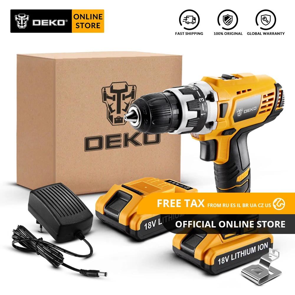 DEKO GCD18DU2 18 в Аккумуляторная дрель электрическая отвертка литий-ионный мини-драйвер питания с переменной скоростью светодиодный 2 батареи