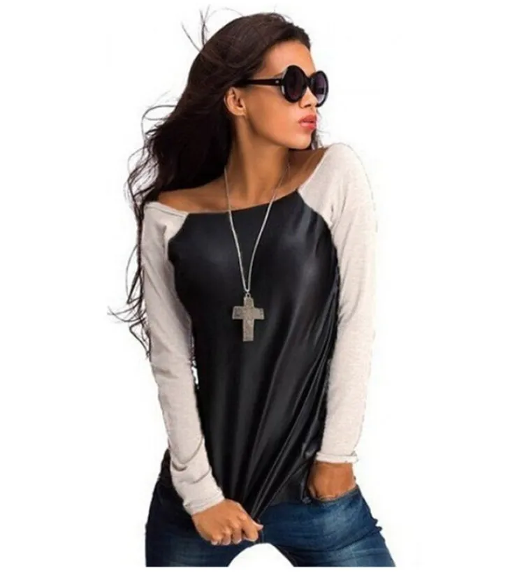 New Women Casual Basic Autumn Winter PU T-shirt Top Shirt Tee patchwork blusas Full Sleeve Plus Size | Женская одежда