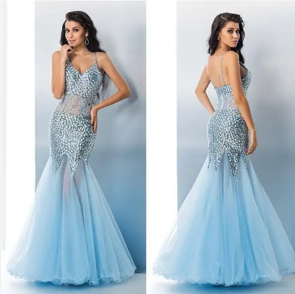 Роскошные 2016 Вечерние Платья Русалка Тюль Кристалл Бисероплетение Спинки V Шеи
