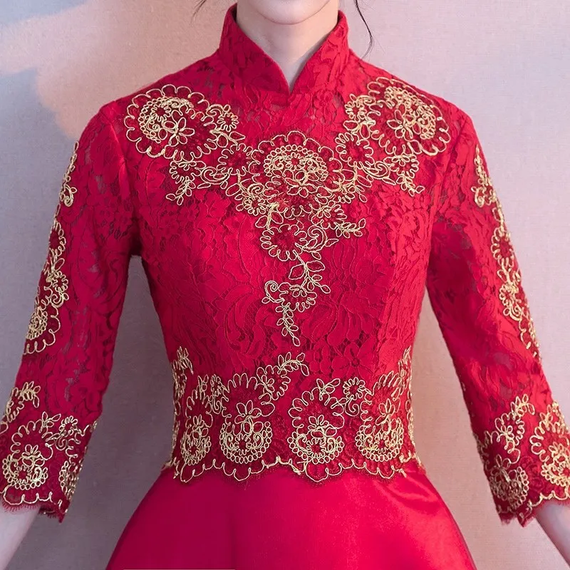 Красное китайское платье Qipao вечерние платья невесты Cheongsam новое вечернее