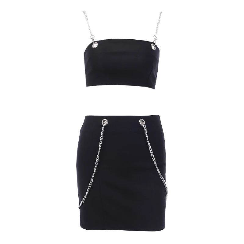black WannaThis женские наборы цепочек короткий топ на бретелях юбки с высокой талией однотонные сексуальные летние облегающие повседневные комплекты - Цвет: black