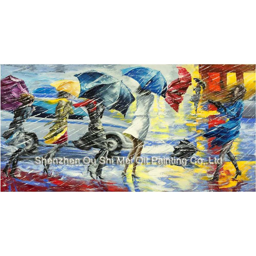 

Rain Landscape Painting on Canvas Knife People in Street Windy Scene Paintings for Living Room Wall Decor Handmade Painting