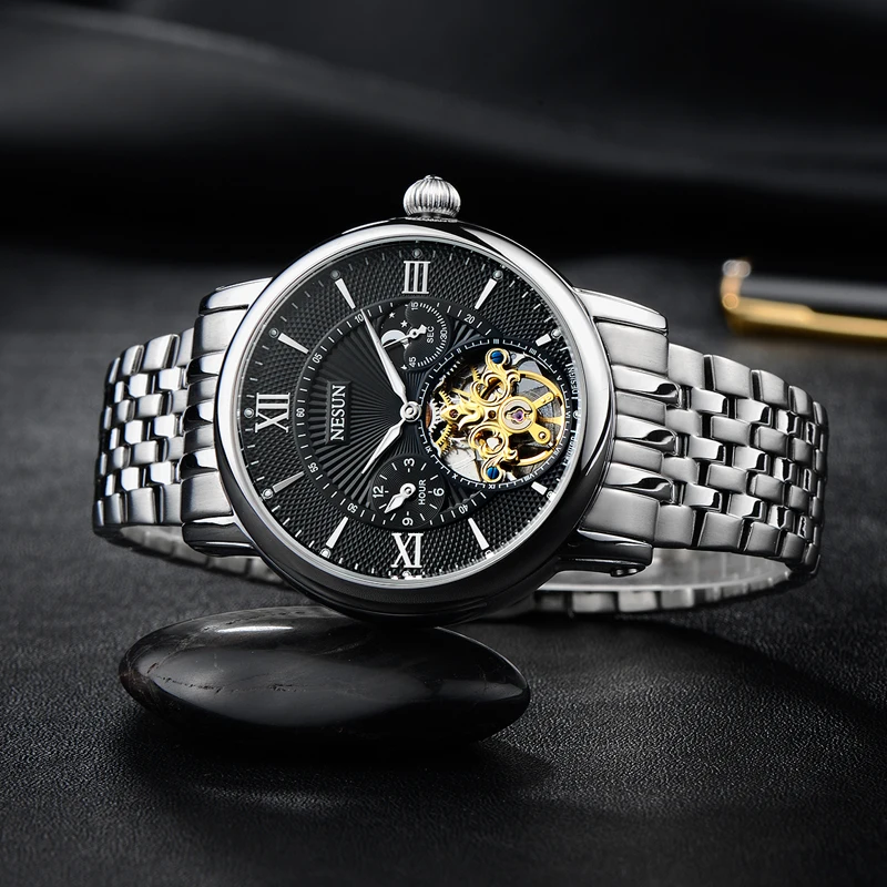 Швейцария Nesun полые Tourbillon часы Для мужчин Элитный бренд автоматические