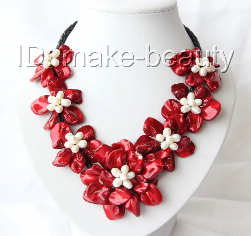 classic white baroque freshwater pearl black shell flower leather necklace | Украшения и аксессуары