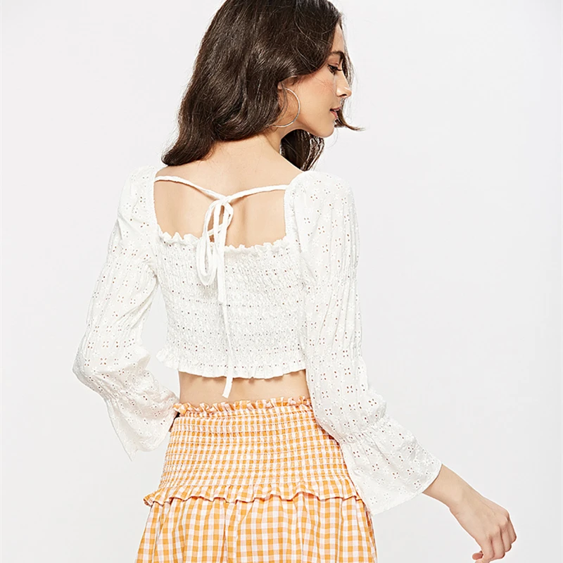 2018 Осенняя кружевная белая рубашка с пышными рукавами женский топ труба Ультра