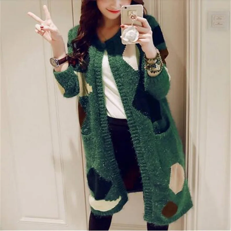 Женский длинный вязаный кардиган повседневный свободный мохеровый свитер