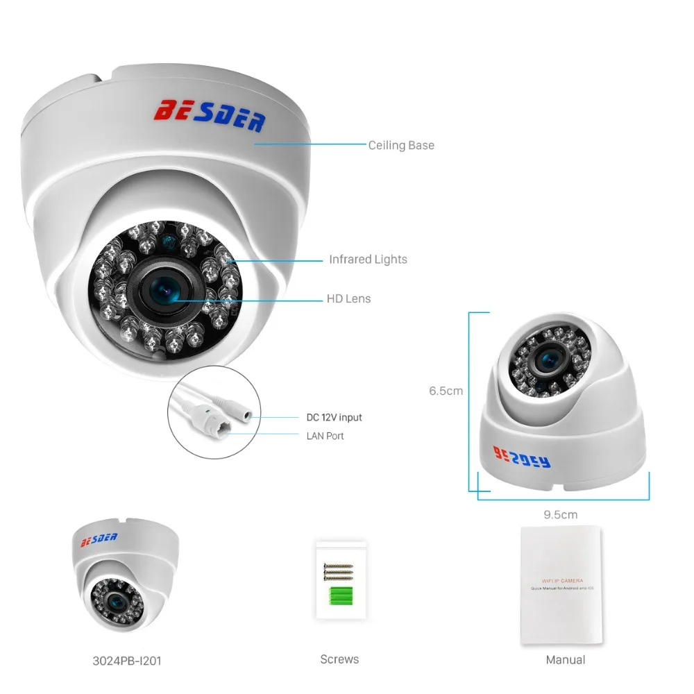 BESDER H.265 3MP HD IP камера Аудио Full Крытая ИК Ночная купольная видеокамера аудио