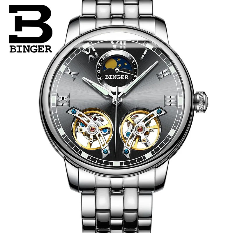Double tourbillon Luxury Men watch Automatic mechanical Watch BINGER Famous Brand Watch Gold Case Blue Dial Double relogio - Цвет: 02