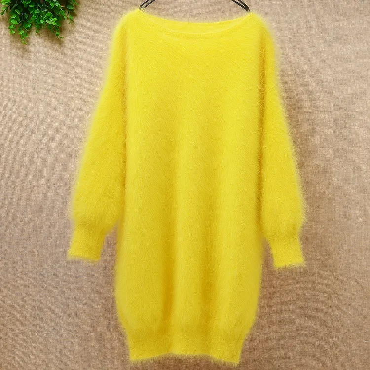 Ladies women medium long genuine mink cashmere o-neck loose fluffy angora rabbit fur hand knitted pullover sweater dress | Женская