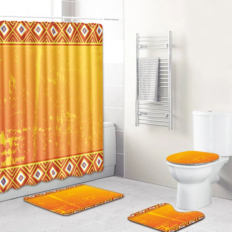 T Questa Bossa Mia 4 Piece Bathroom Mats and Rugs Exotic Egyptian Bath Shower Curtain with Hook Non-slip Toilet Floor Mat Carpet