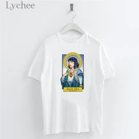 lychee harajuku character print female white t shirt o neck short sleeve t shirts women simple funny casual top tee