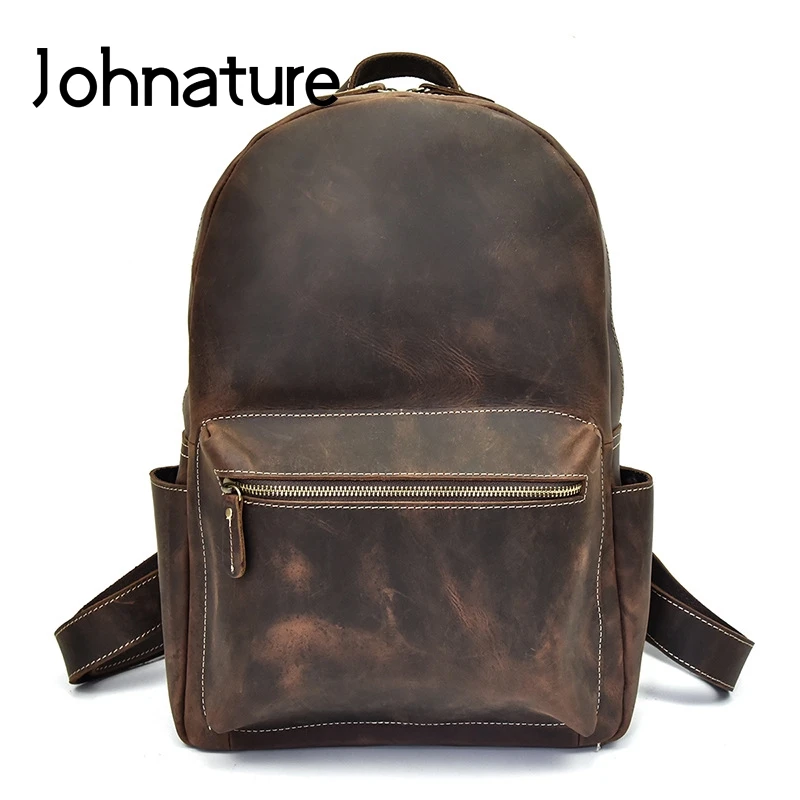

Мужской рюкзак из натуральной кожи Johnature, винтажный рюкзак для ноутбука Crazy Horse, дорожные сумки для отдыха, 2021