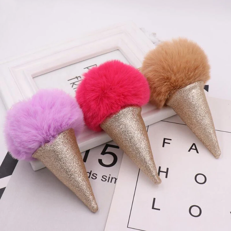 30 шт./лот брелок для ключей с кожаным мороженым плюшевым помпоном из кроличьего