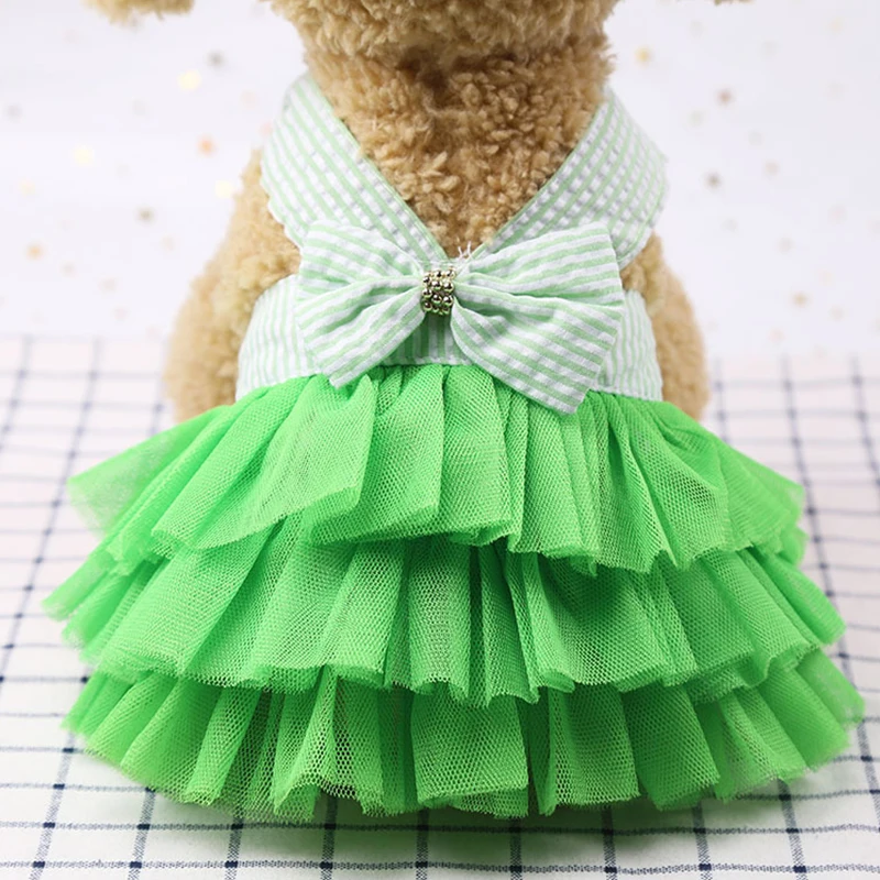 Cat Sling Bow Striped Princess Dresses Female Green Mesh Cake Skirt Summer Dress kitten Clothes Supplies for Small Pet Products |